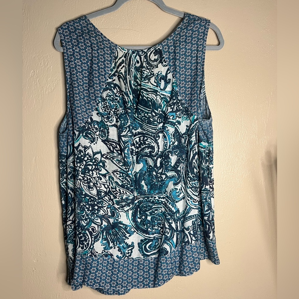 $23 Tommy Hilfiger Ruffled Round Sleeveless Blouse - White w/Blue Accents SZ 18 - Picture 3 of 3